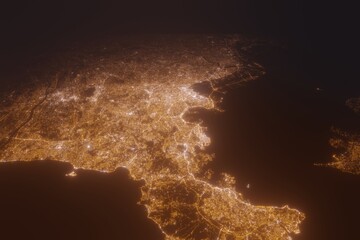 Aerial view on Yokohama (Japan) from south. Top view on modern city at night from space