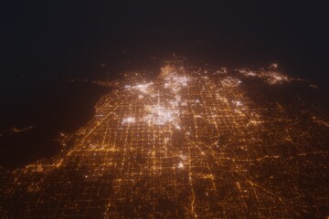 Aerial view on Detroit (USA) from north. Top view on modern city at night from space