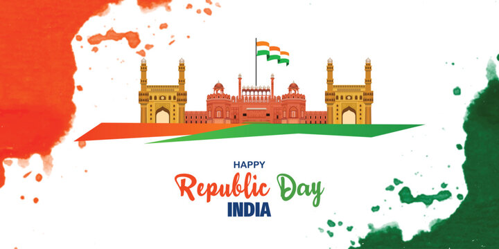 Indian republic day 26 January orange and green watercolor background social media banner or poster  design vector file