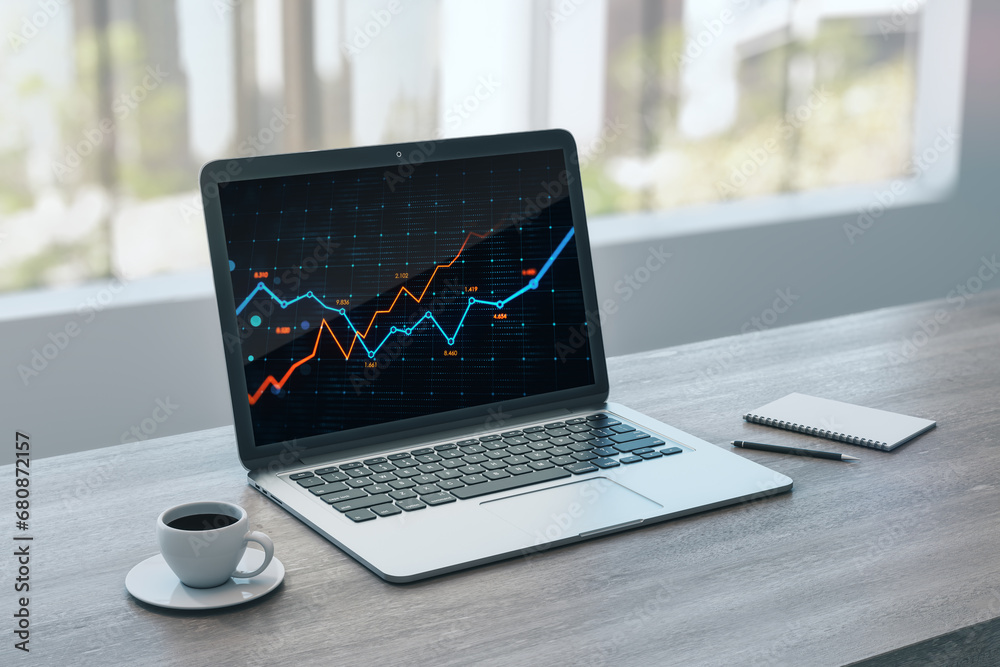 Poster laptop on desk with upward trending financial graph. 3d rendering