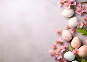 Easter card with light pink and blue eggs and spring flowers on a light background top view, copyspace for text