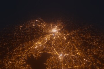 Aerial view on Columbia (USA) from west. Top view on modern city at night from satellite