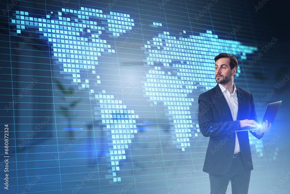 Poster attractive young european businessman using notebook with glowing digital pixel squares map of the w
