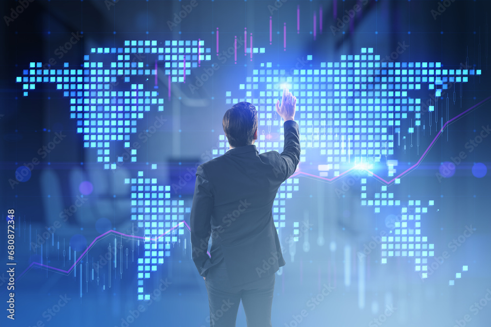 Poster back view of young european businessman using glowing digital pixel squares map of the world with sp