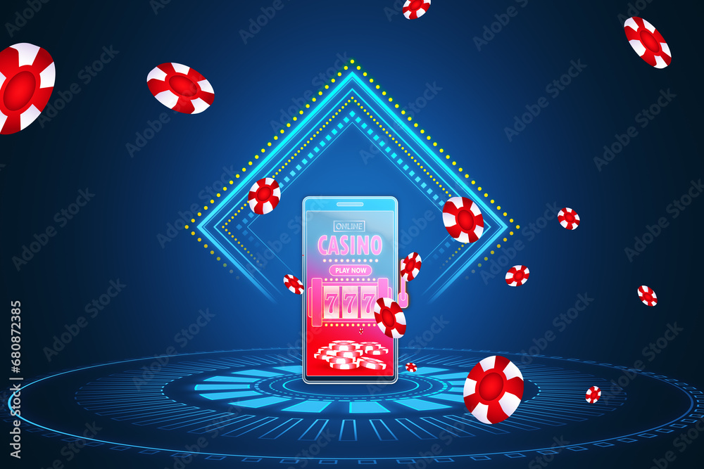 Poster sleek online casino interface on mobile device with floating chips, blue neon aesthetic. gaming and 