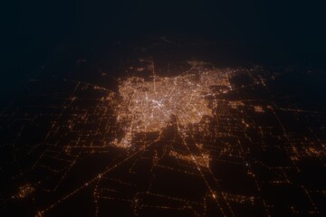 Aerial view on Cordoba (Argentina) from east. Satellite view on modern city at night