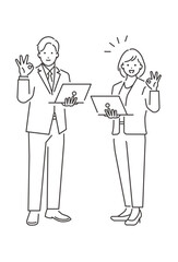 OKのサインをするビジネスマンとビジネスウーマンの全身ベクターイラスト素材