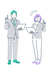 人差し指を立てて説明をするビジネスマンとビジネスウーマンの全身ベクターイラスト素材