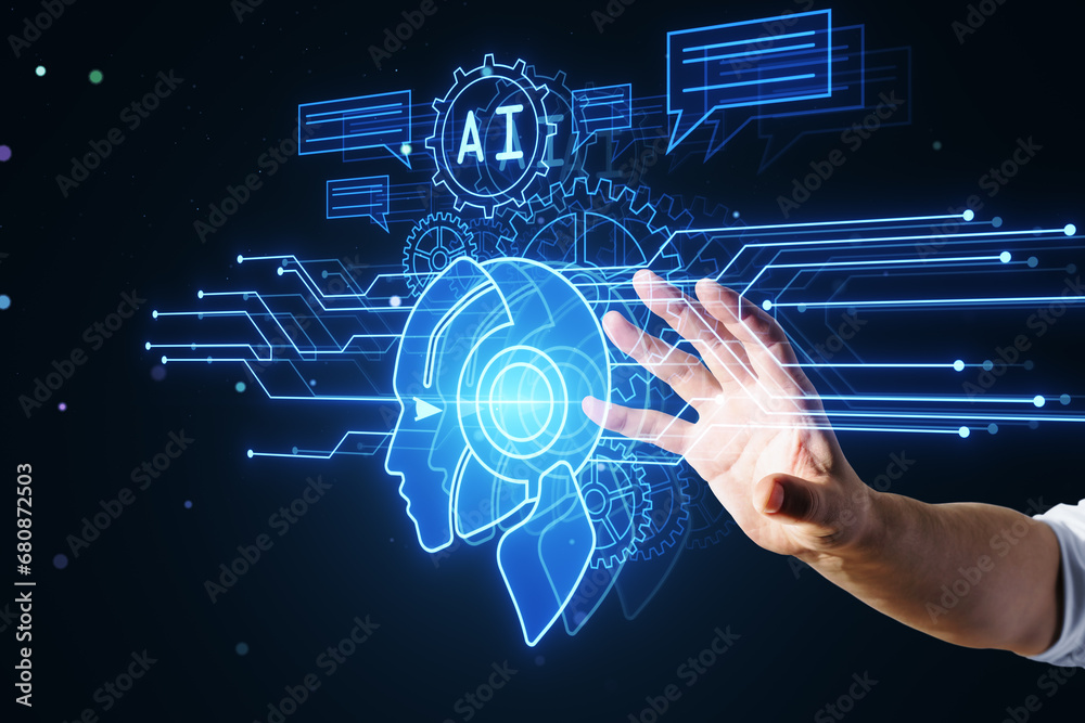 Poster Close up of man hand using glowing robot head and icons on dark blurry background. Chat GPT, machine learning and AI concept.