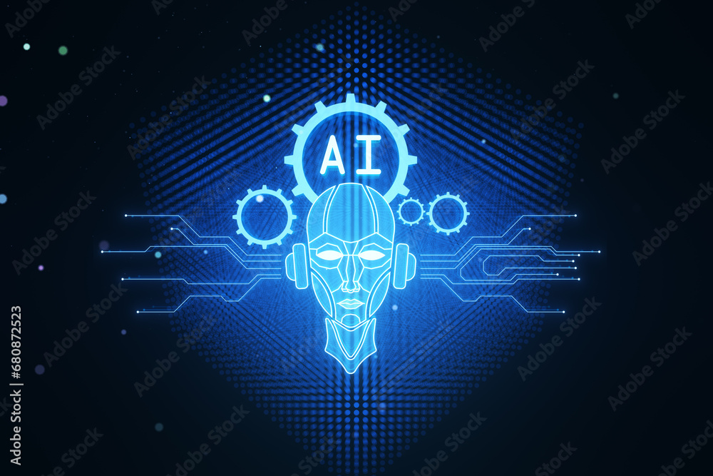 Aufkleber Glowing robot head and icons on dark blurry background. Chat GPT, machine learning and AI concept. 3D Rendering.