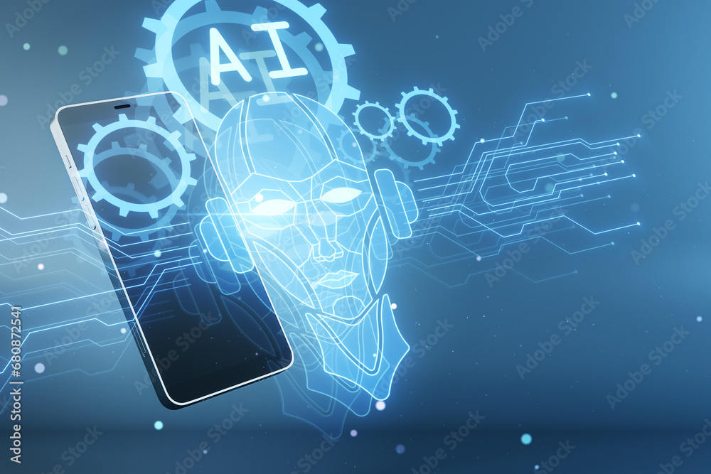 Poster Close up of smartphone with glowing robot head and icons on blurry backdrop. Chat GPT, machine learning and AI concept. 3D Rendering.
