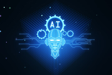 Glowing robot head and icons on dark blurry background. Chat GPT, machine learning and AI concept. 3D Rendering.