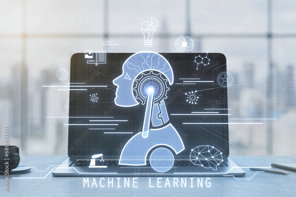 Poster Close up of notebook with glowing robot head and icons on desk with coffee cup and blurry window with city view background. Chat GPT, machine learning and AI concept. 3D Rendering.