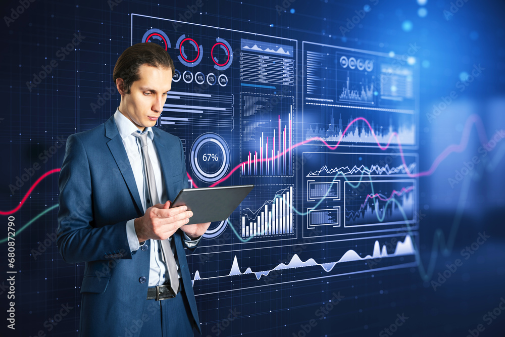 Poster analyst reviewing digital financial data on futuristic display