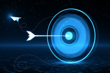 Futuristic blue target with arrow concept on digital grid background. Success and precision concept. 3D Rendering