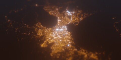 Street lights map of Manila (Philippines) with tilt-shift effect, view from north. Imitation of macro shot with blurred background. 3d render, selective focus