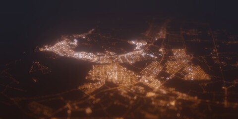 Street lights map of Abu Dhabi (UAE) with tilt-shift effect, view from south. Imitation of macro shot with blurred background. 3d render, selective focus