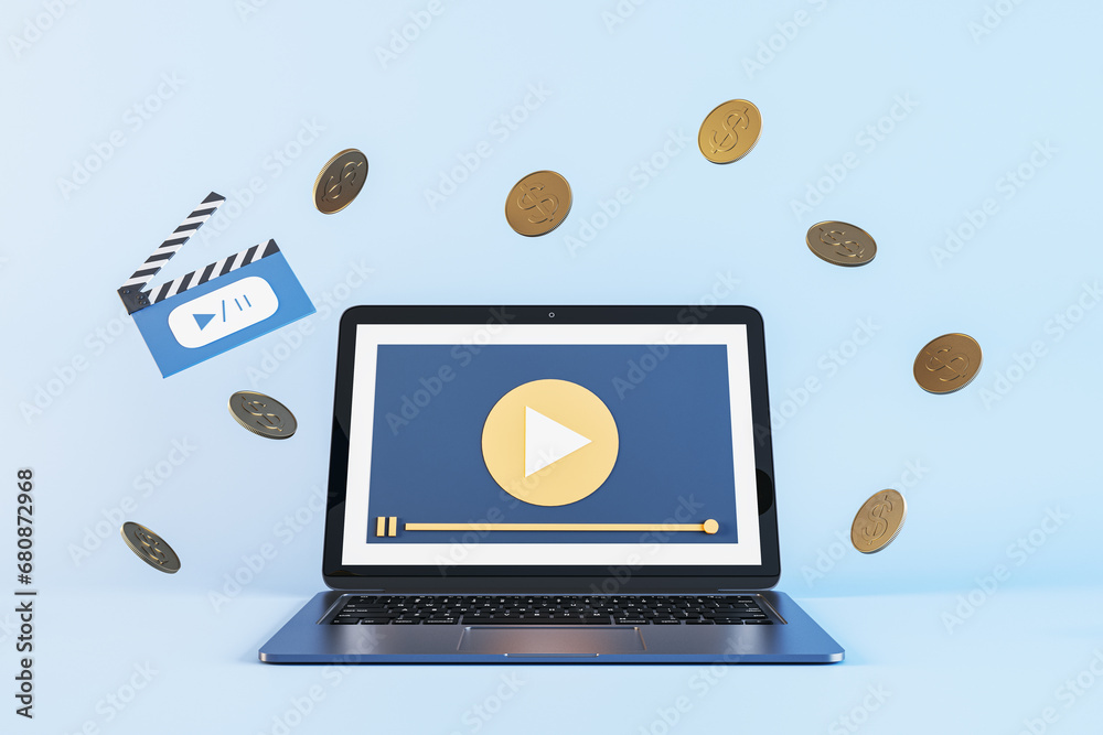 Poster Laptop with play button interface and floating coins concept on light blue background. Online revenue stream. 3D Rendering