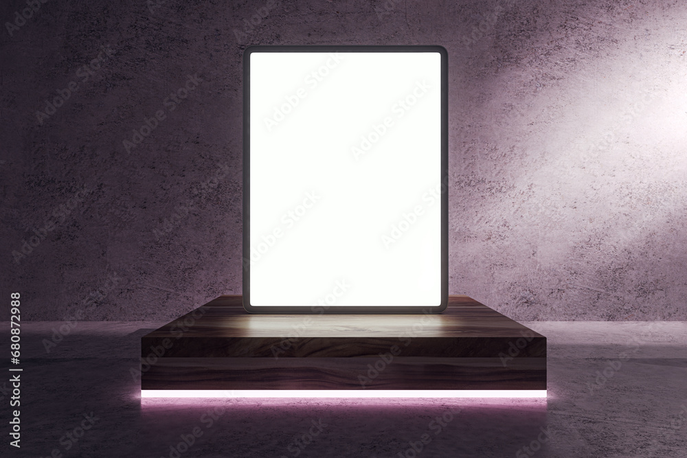 Aufkleber Close up of empty white pad on pedestal on concrete background with light. Presentation concept. Mock up, 3D Rendering.