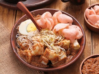 Ketoprak is a traditional Indonesian street food dish. It is a vegetarian dish from Jakarta, consisting of tofu, vegetables, rice cake, and rice vermicelli served in peanut sauce. 