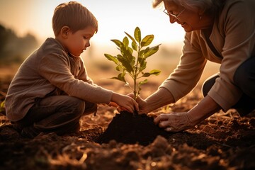 A diverse family honors a loved one's memory by jointly planting a tree in a serene forest, symbolizing life, love, legacy AI generative