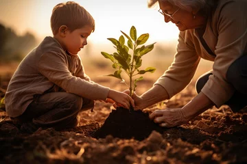 Foto op Canvas A diverse family honors a loved one's memory by jointly planting a tree in a serene forest, symbolizing life, love, legacy AI generative © qntn