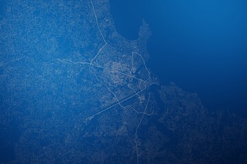 Stylized map of the streets of Dar Es Salaam (Tanzania) made with white lines on abstract blue background lit by two lights. Top view. 3d render, illustration - obrazy, fototapety, plakaty