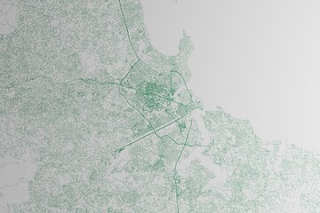 Map of the streets of Dar Es Salaam (Tanzania) made with green lines on white paper. 3d render, illustration