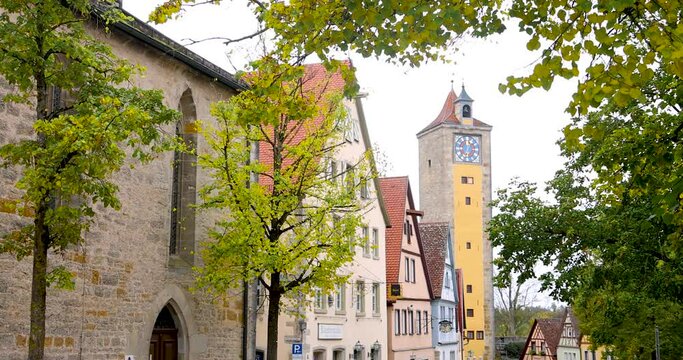 Colorful buildings and shops at historic Rothenburg ob der Tauber.