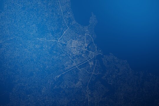 Stylized map of the streets of Dar Es Salaam (Tanzania) made with white lines on abstract blue background lit by two lights. Top view. 3d render, illustration