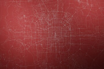 Map of the streets of Beijing (China) made with white lines on abstract red background lit by two lights. Top view. 3d render, illustration - obrazy, fototapety, plakaty