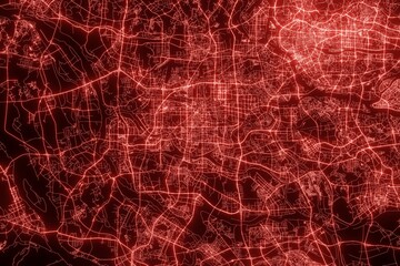 Street map of Foshan (China) made with red illumination and glow effect. Top view on roads network. 3d render, illustration - obrazy, fototapety, plakaty