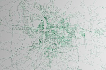 Map of the streets of Changsha (China) made with green lines on white paper. 3d render, illustration