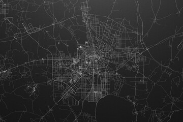 Street map of Hefei (China) on black paper with light coming from top