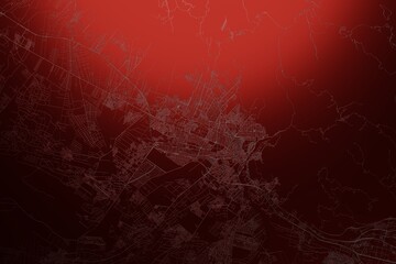 Street map of Karaj (Iran) engraved on red metal background. Light is coming from top. 3d render, illustration