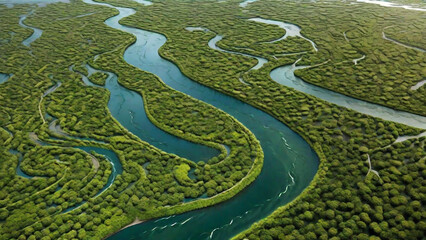 Aerial view of a river delta with lush green vegetation and winding waterways.