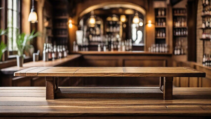 Fototapeta na wymiar Empty wooden table in a pub or restaurant with bokeh background