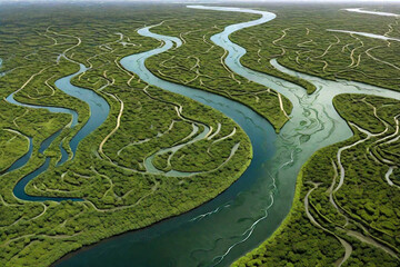 Aerial view of a river delta with lush green vegetation and winding waterways. - obrazy, fototapety, plakaty