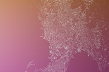Map of the streets of Manila (Philippines) made with white lines on pinkish red gradient background. Top view. 3d render, illustration