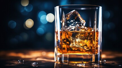 A glass of Whiskey with Ice Illuminated Against a Bokeh Background at night.