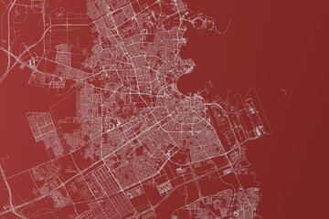 Map of the streets of Doha (Qatar) made with white lines on red background. Top view. 3d render, illustration