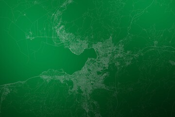 Map of the streets of Izmir (Turkey) made with white lines on abstract green background lit by two lights. Top view. 3d render, illustration