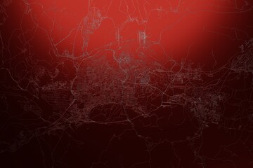 Street map of Daegu (South Korea) engraved on red metal background. Light is coming from top. 3d render, illustration