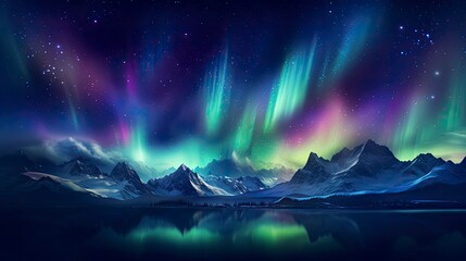 Fototapeta premium Aurora Borealis Dance Above Mountains with Rave-like Bokeh Aesthetics.