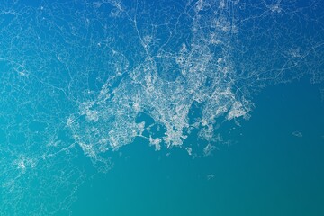Map of the streets of Helsinki (Finland) made with white lines on greenish blue gradient background. 3d render, illustration - obrazy, fototapety, plakaty