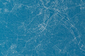 Map of the streets of Stuttgart (Germany) made with white lines on blue background. 3d render, illustration - obrazy, fototapety, plakaty