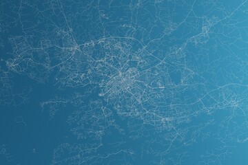 Map of the streets of Turku (Finland) made with white lines on blue paper. Rough background. 3d render, illustration