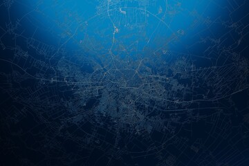 Street map of Bucharest (Romania) engraved on blue metal background. View with light coming from top. 3d render, illustration