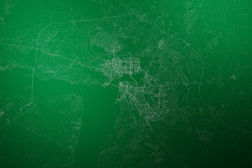 Map of the streets of Kazan (Russia) made with white lines on abstract green background lit by two lights. Top view. 3d render, illustration - obrazy, fototapety, plakaty