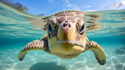 Obraz premium Hawaiian Green sea turtle swimming in the water with splashes of water. (Chelonia mydas) 